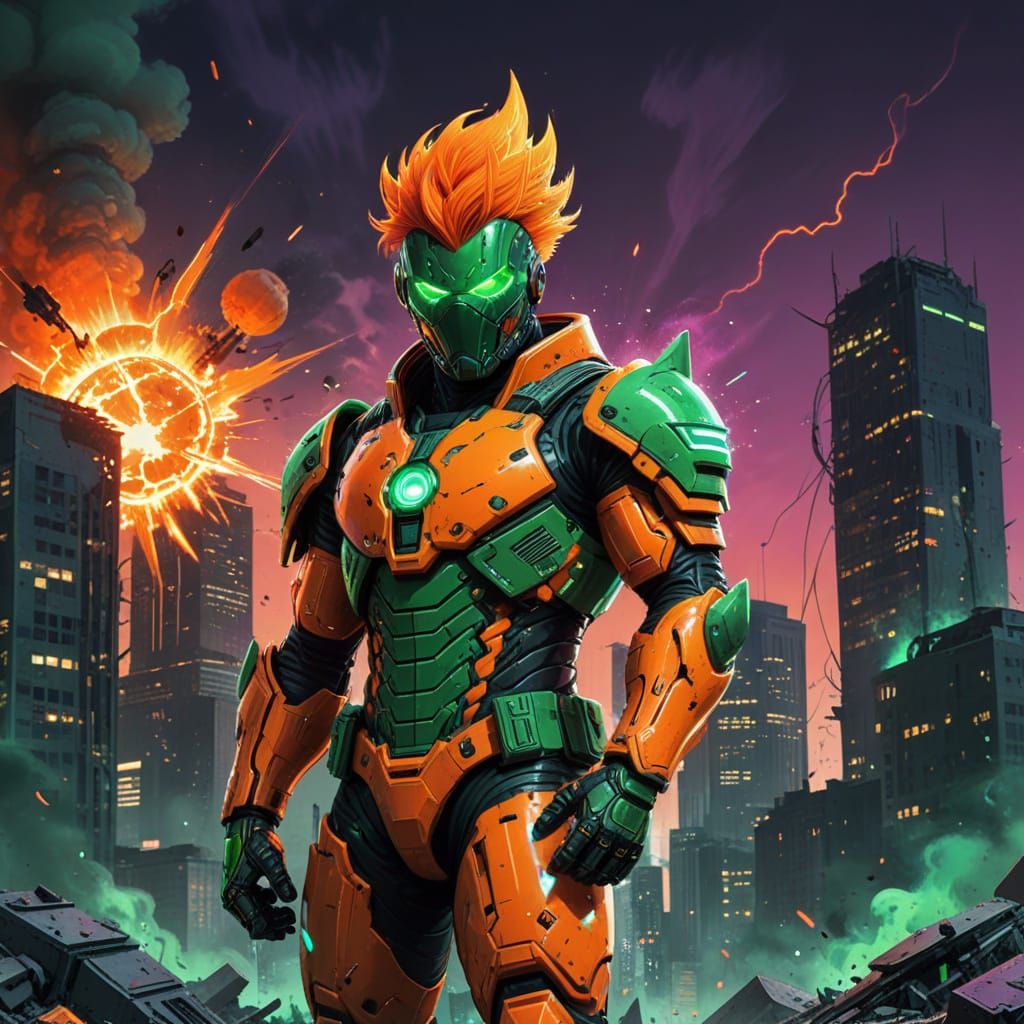 Neon Armored Hero in Exploding City Comic