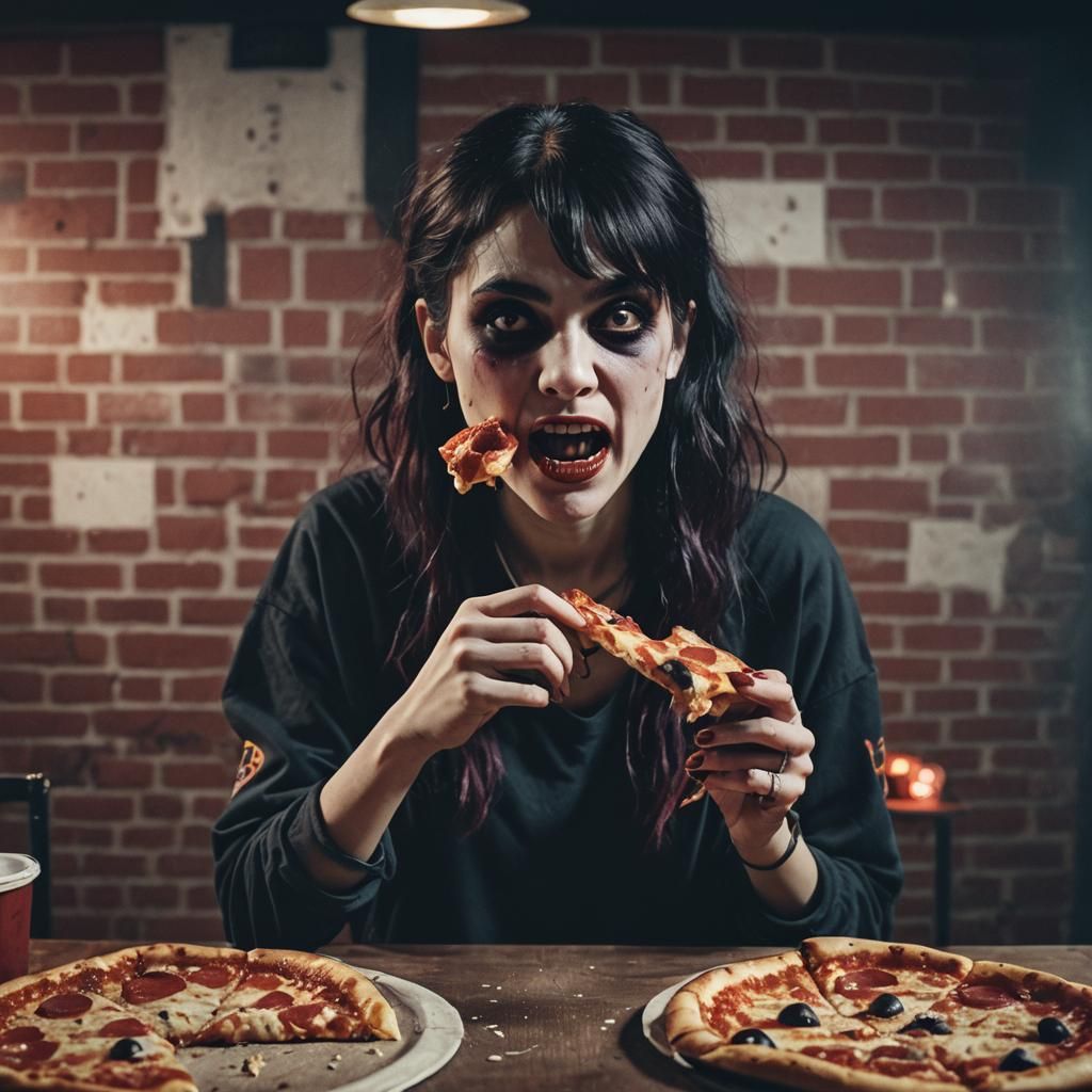 Emo Vampire Woman Eats Pizza: Cinematic Still