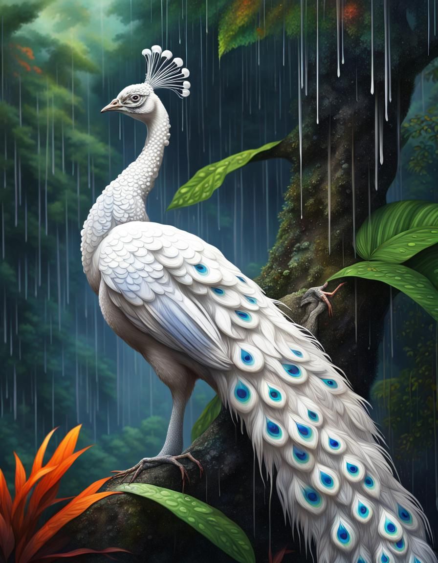 White Peacock in Rainy Tropical Forest: Hyperrealistic Fanta...