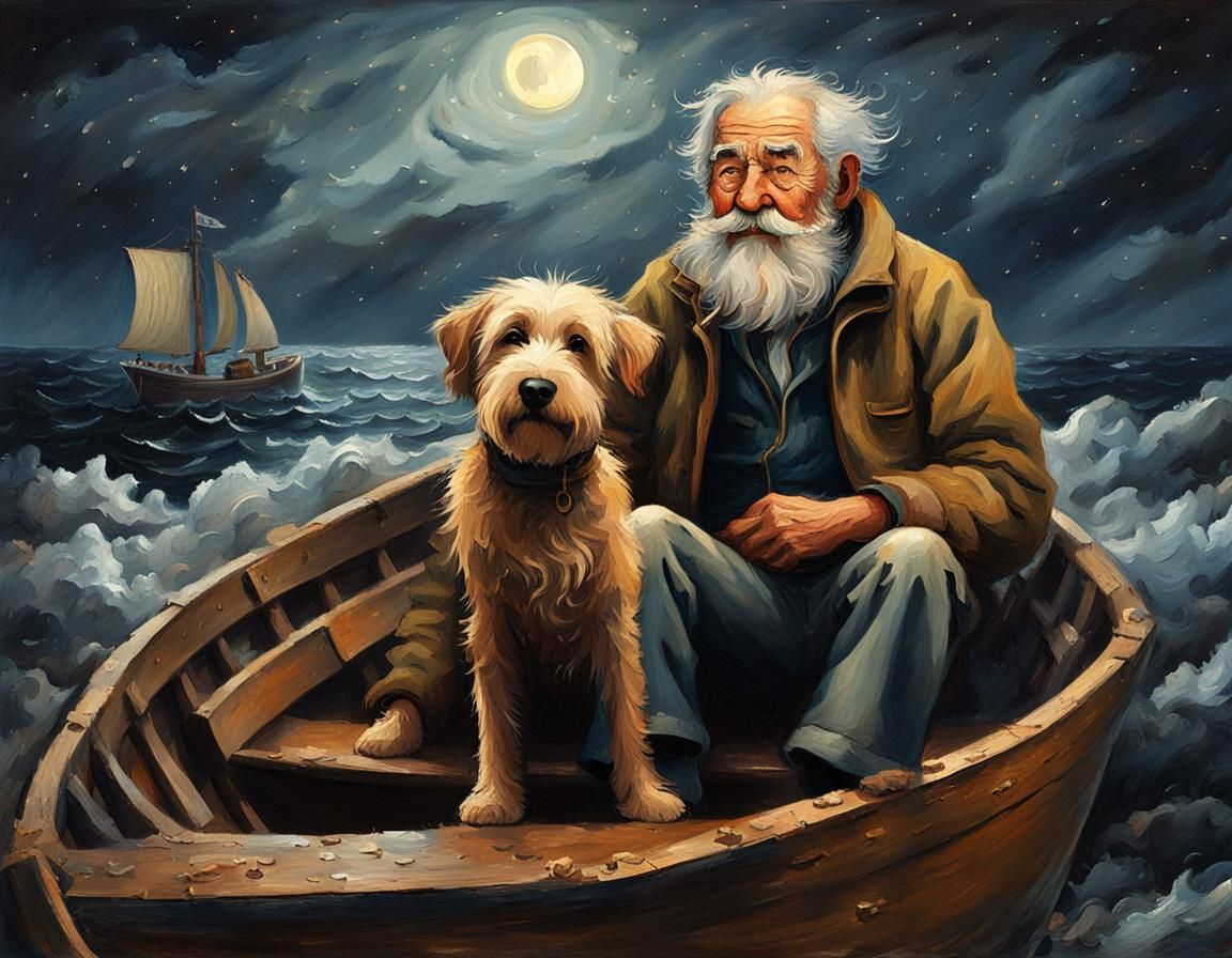 Seafarer and Dog in Stormy Seas: An Oil Painting