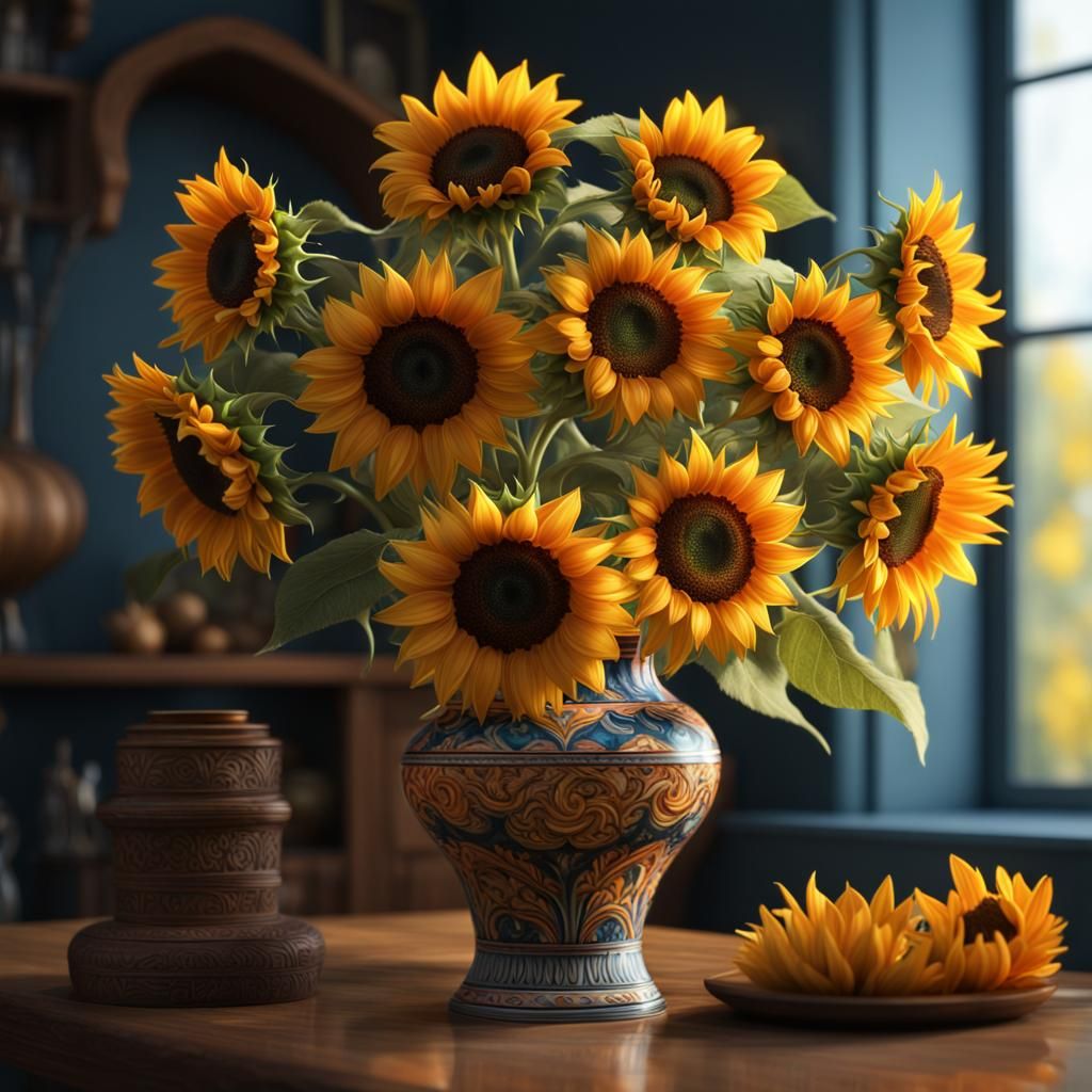 Vibrant Sunflowers in Vase: Hyper-Realistic Photography