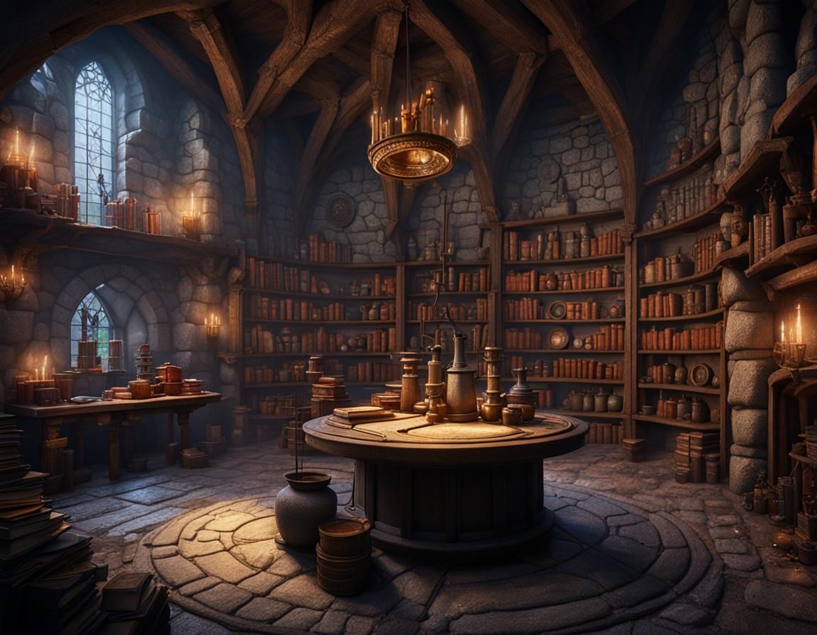 Wizard's Workroom in Medieval Stone Castle Tower