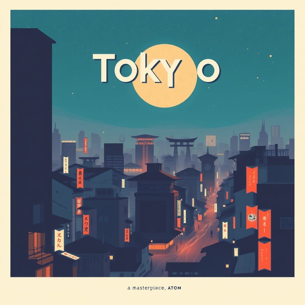 Minimalist Tokyo Travel Poster in Ghibli Style