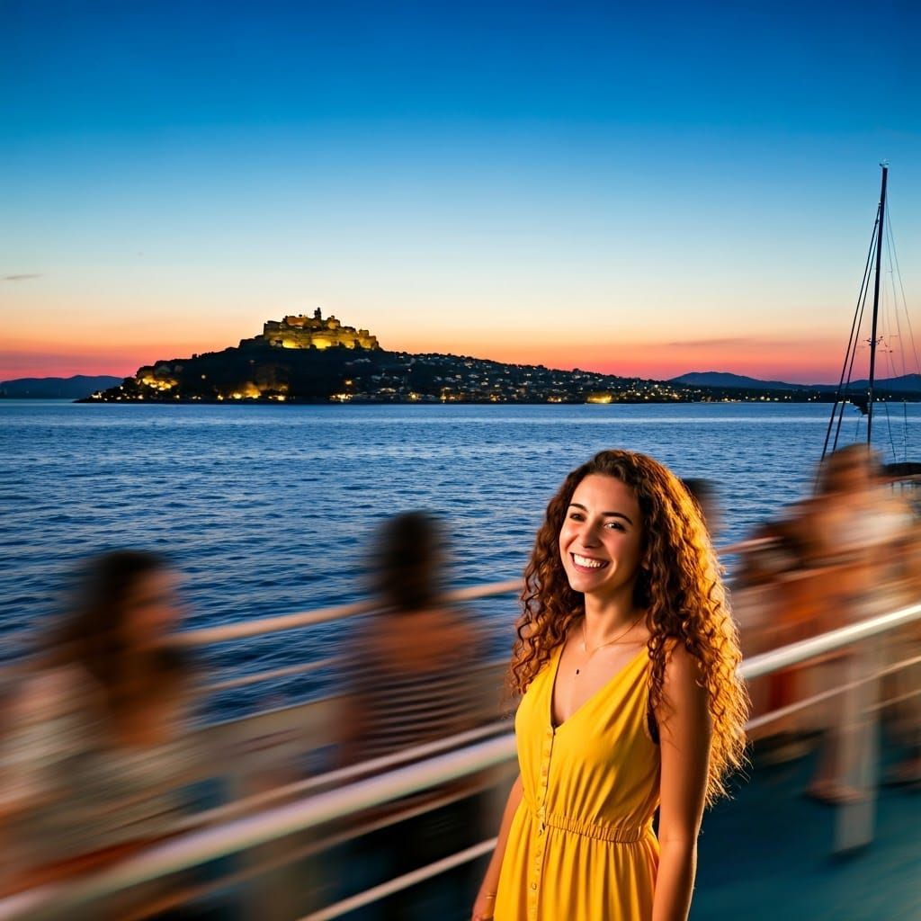 Greek Island Ferry at Dusk in Hyperrealistic Style