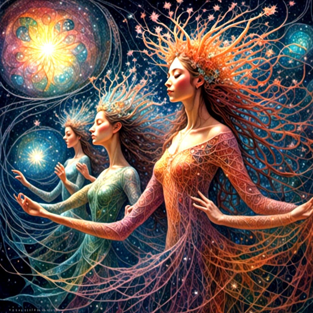 Ethereal Spirits Dance in Starry Surrealist Art