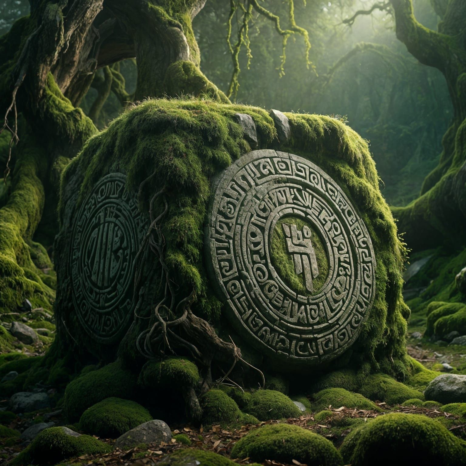 Mossy Stone Carving with Ancient Runes