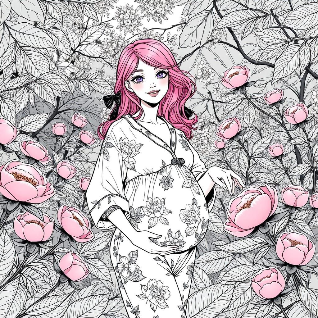 Elegant Art Nouveau Woman Plucks Peonies in a Sun-Dappled Ga...