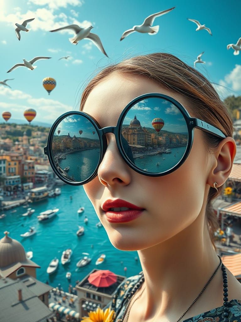 Surreal Woman Portrait With City Reflections in Glasses
