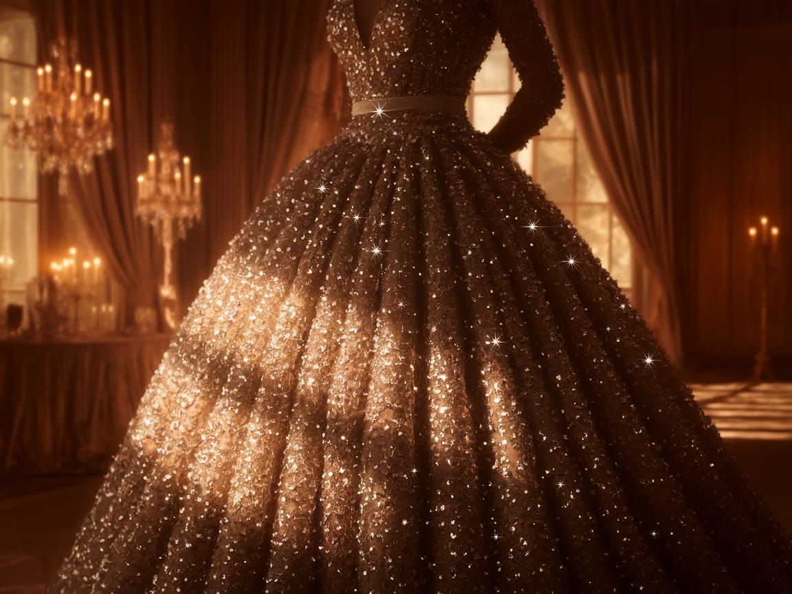 Golden Sequined Gown in Elegant Ballroom Setting