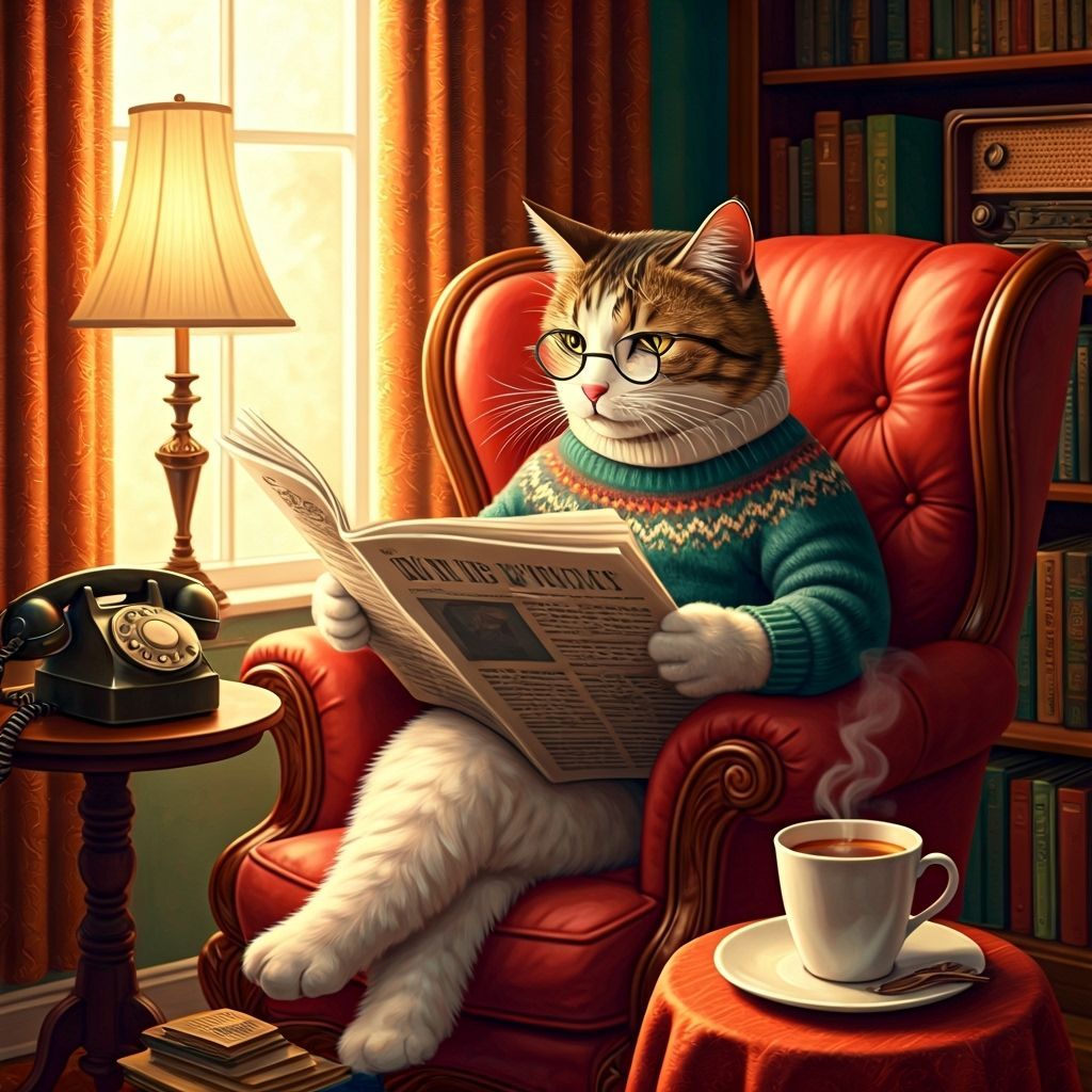 Boomer Cat Reading Newspaper in Rockwell Style