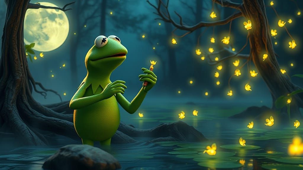 Kermit the Frog Conducting Fireflies in Moonlit Swamp