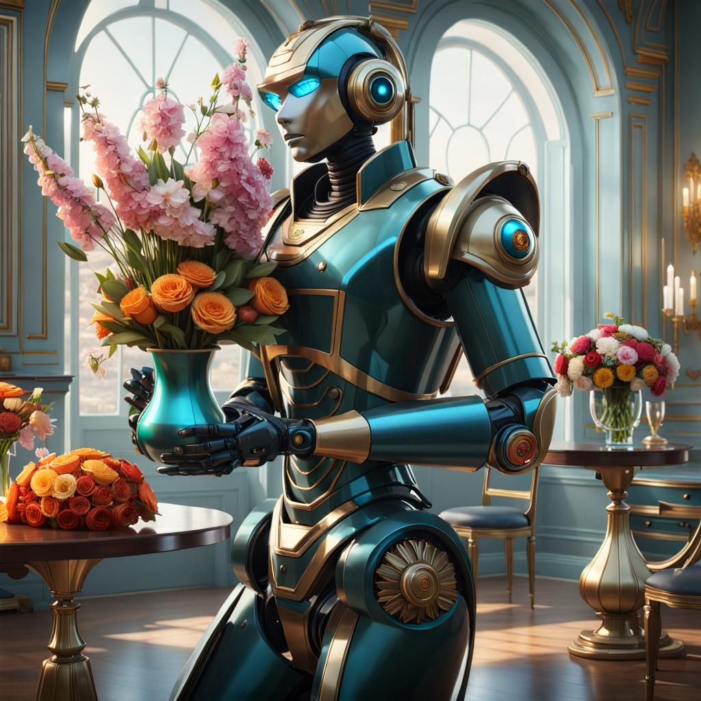 Robot Butler with Flowers, Hyperdetailed Concept Art