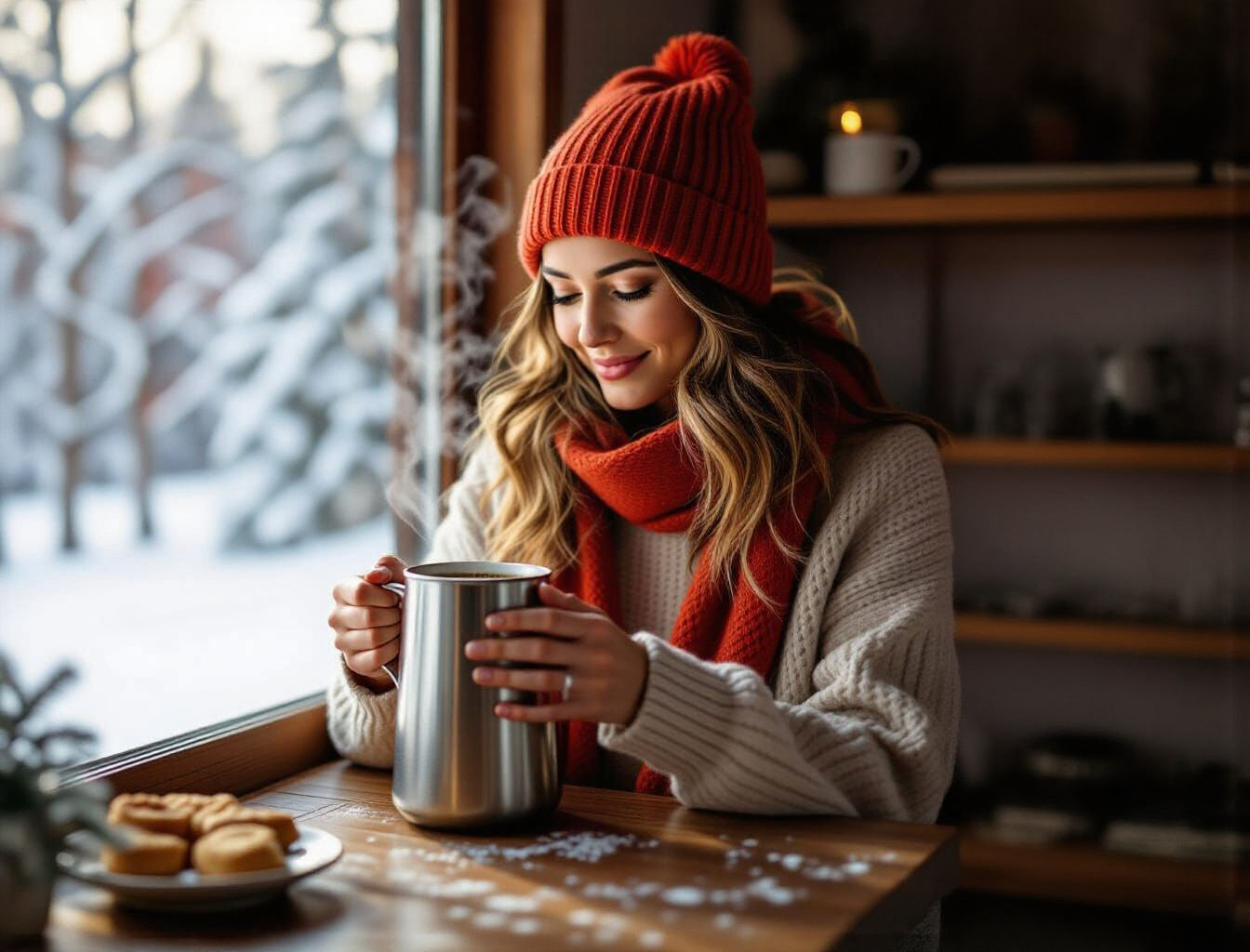 Woman Brewing Coffee in Winter Scene