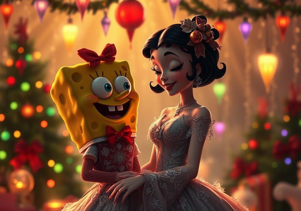 Goth Betty Boop and Spongebob in Christmas Lights