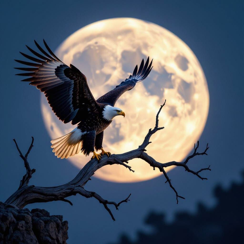 Majestic Bald Eagle Landing on Barren Tree Branch Under Full...