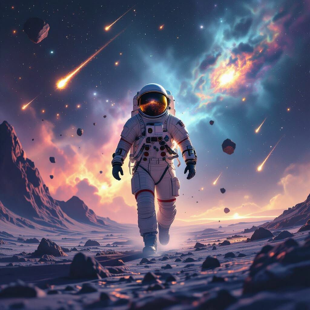 Cosmonaut Dodging Meteors in Deep Space