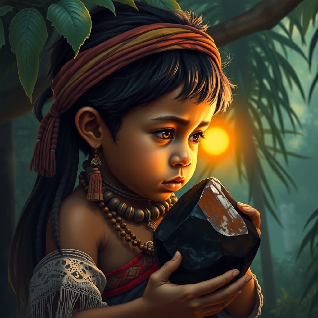 Mayan Child Gazing at Sun Through Obsidian Stone