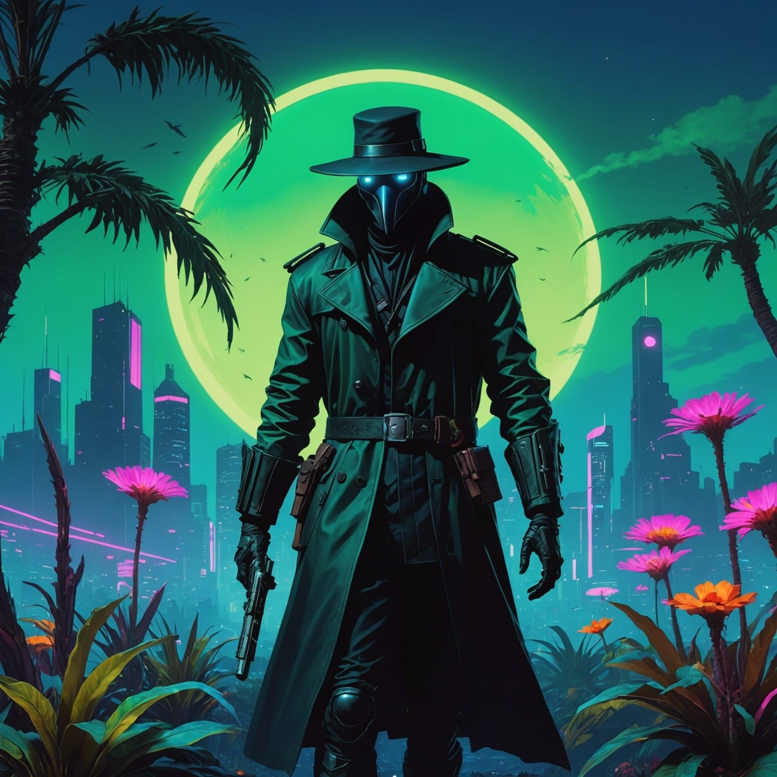 Cyberpunk Plague Doctor on Alien World