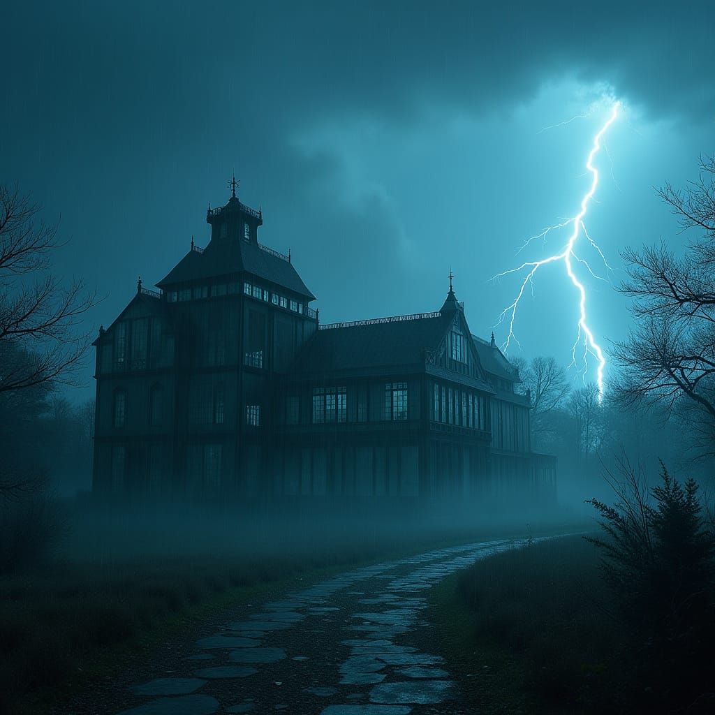 Abandoned Mansion Shrouded in Misty Twilight