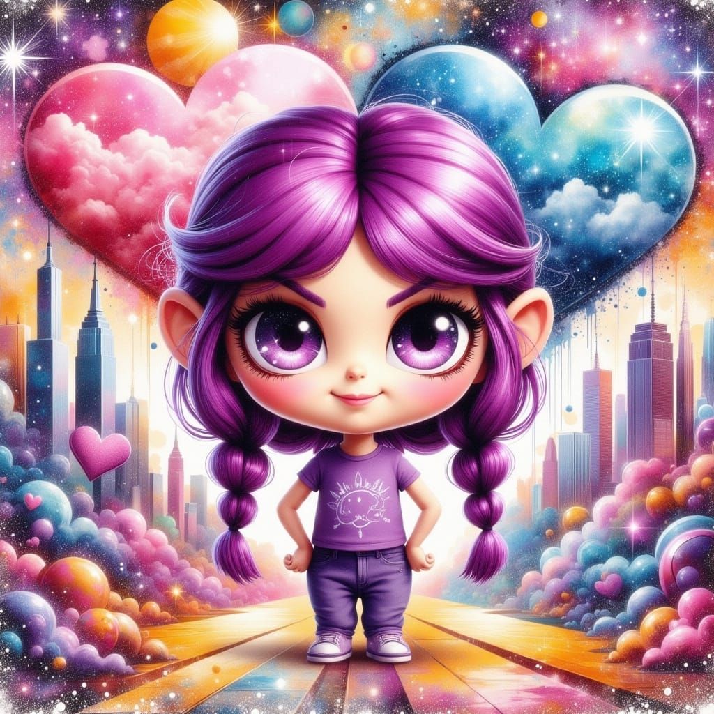 Chibi Girl Amidst Floating Shapes in Dreamscape