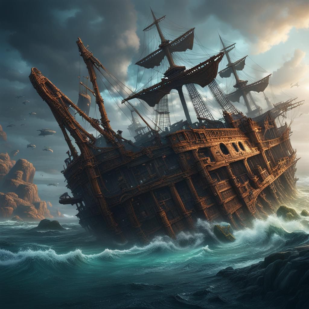 Detailed Shipwreck Matte Painting in Deep Color