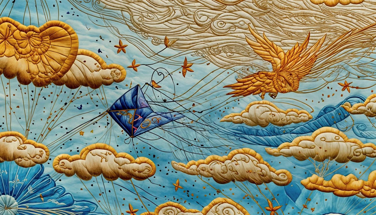 Brightly Colored Kite Scene in Embroidered Style