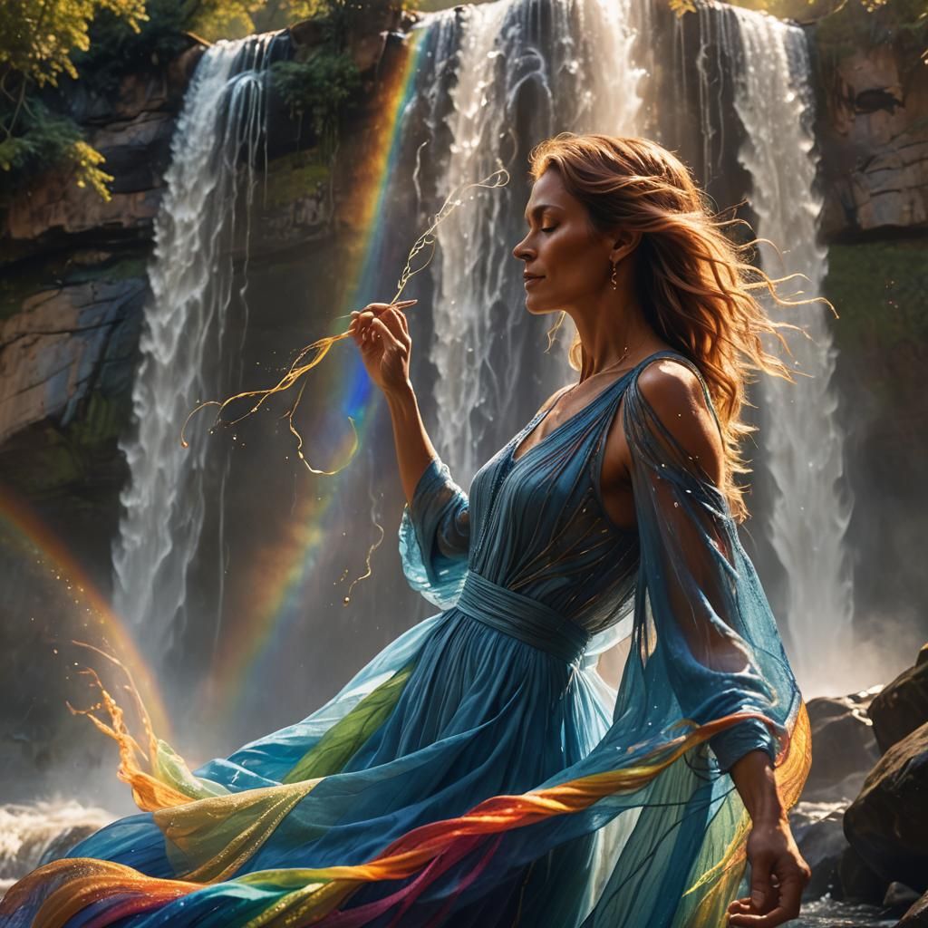 Ethereal Woman with Rainbow Light by Waterfall