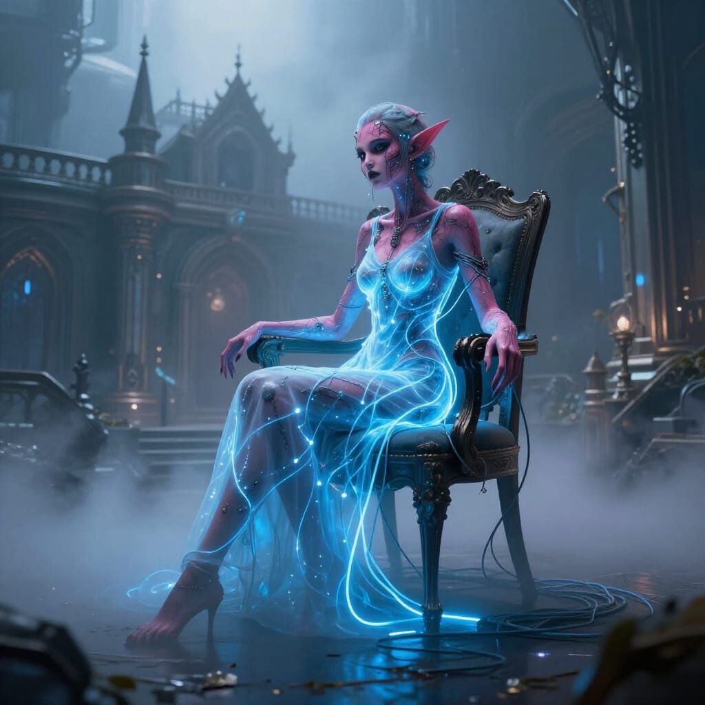 Bio Punk Fairy Connected to Electric Wires in Cyberpunk Mans...