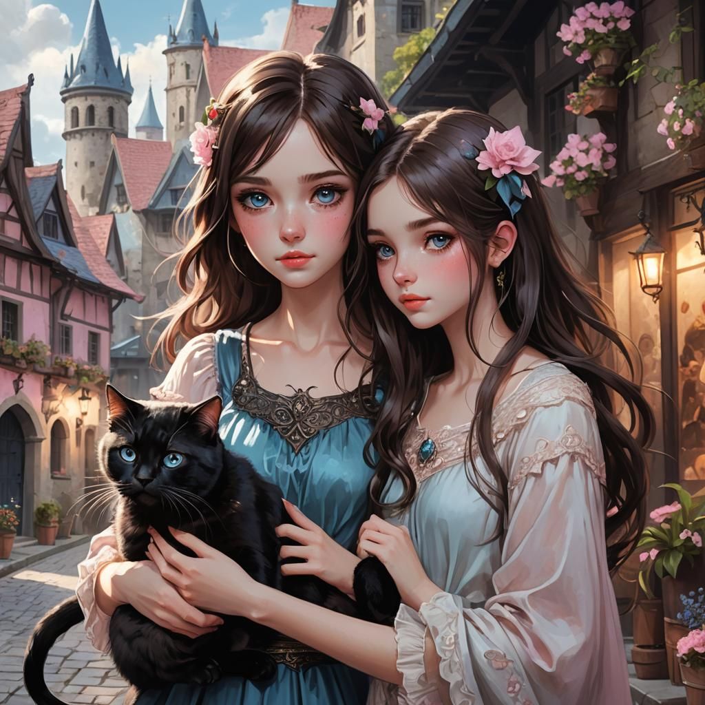 Fantasy Girls with Cat: Detailed Concept Art