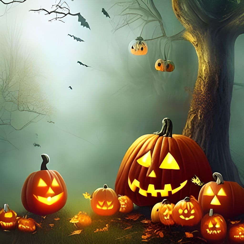 Cute Halloween Autumn Scene with Pumpkins