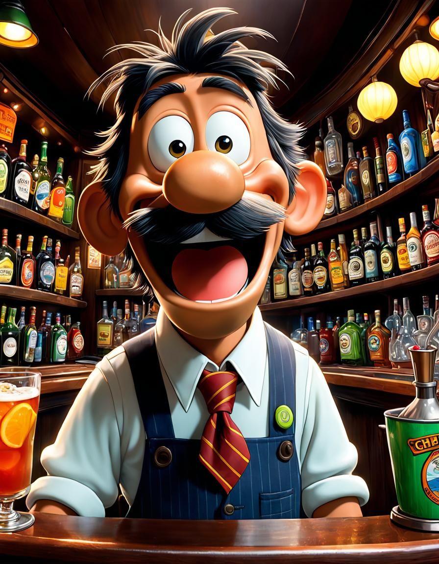 Whimsical Stickman Bartender in Epic Fluxus Art Style