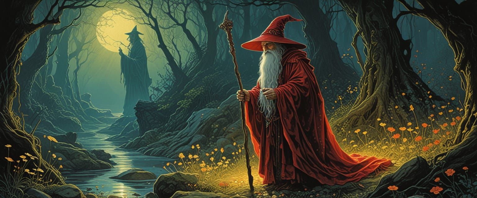 Wizard and Lady in Eerie Sunlit Garden