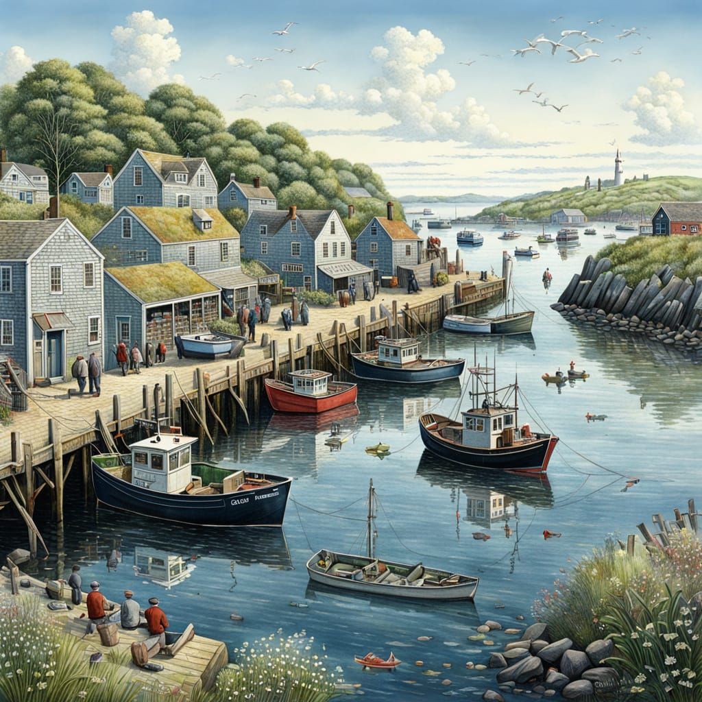 Idyllic New England Harbour Illustration