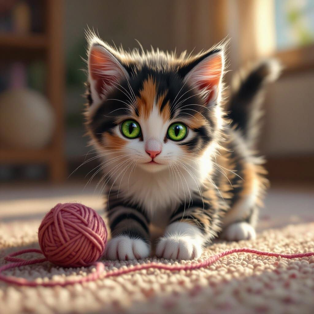 Sweet Calico Kitten Plays with Yarn on Carpet