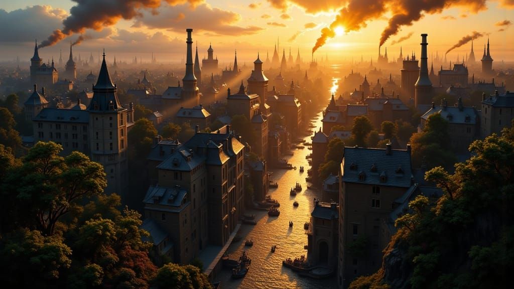 Steampunk Harbor City at Sunset in Cinematic Style