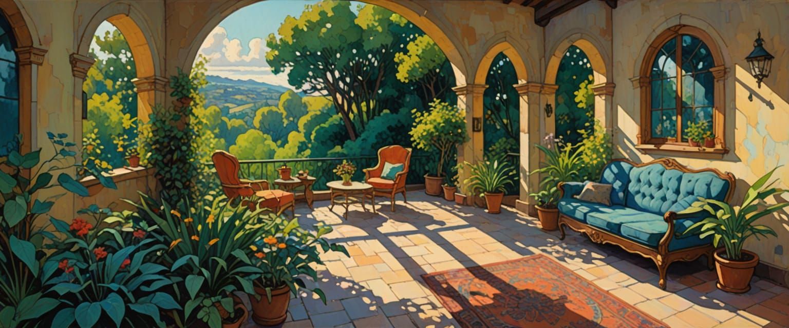 Mysterious Castle Passageway with Tropical Plants