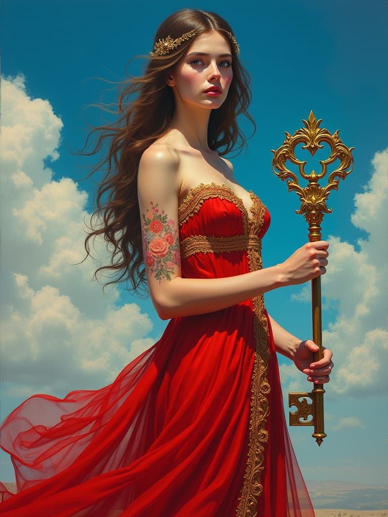 Goddess in Red Gown Holds Oversized Skeleton Key with Enigma...