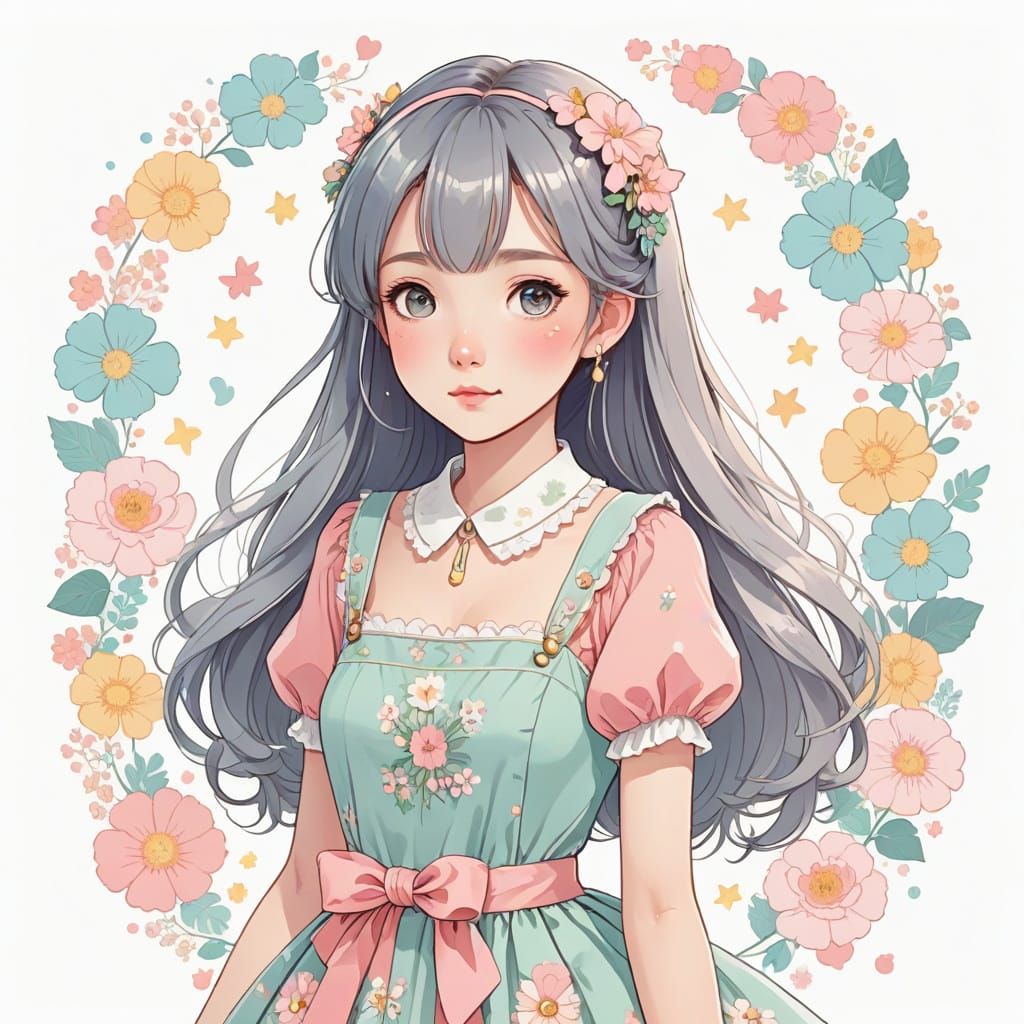 Anime Woman in Kawaii Pastel Storybook Style