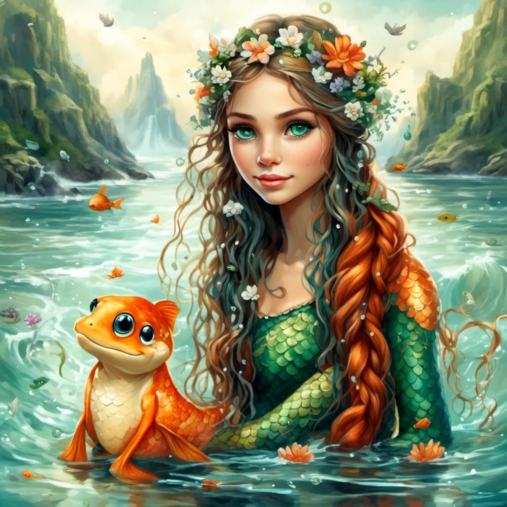 Adorable Mermaid Emerging from Water with Braids