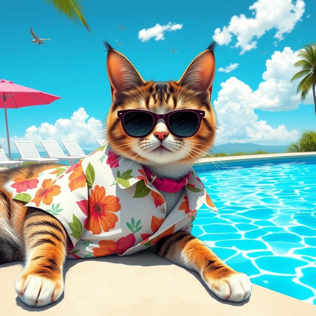 Cat Lounging Poolside in Hockney-Inspired Style