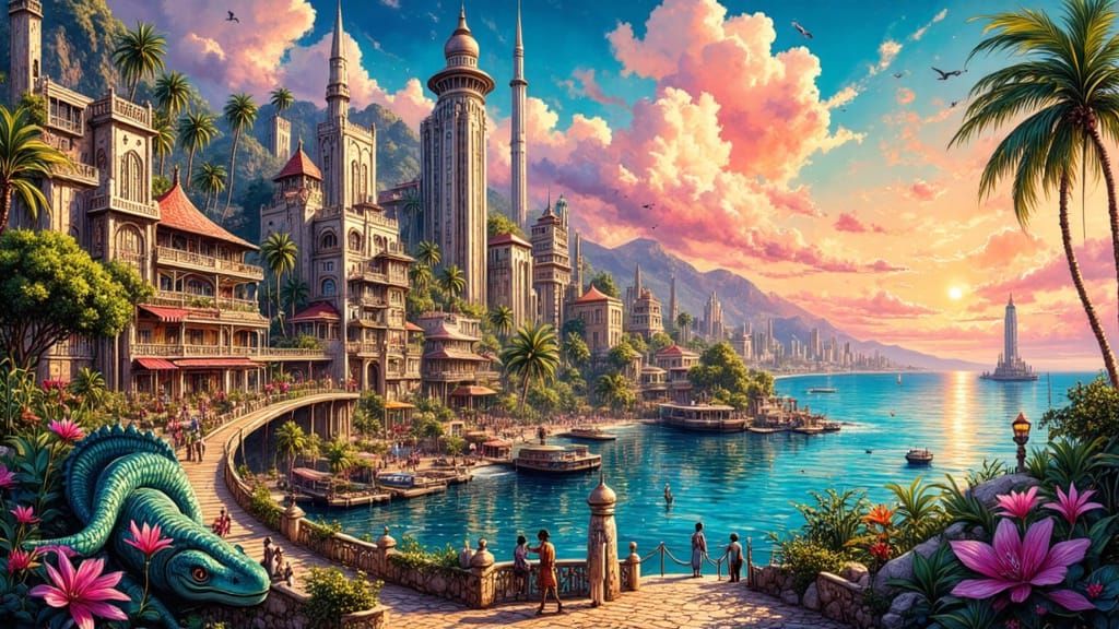 Art Deco Reptile City at Tropical Sunset