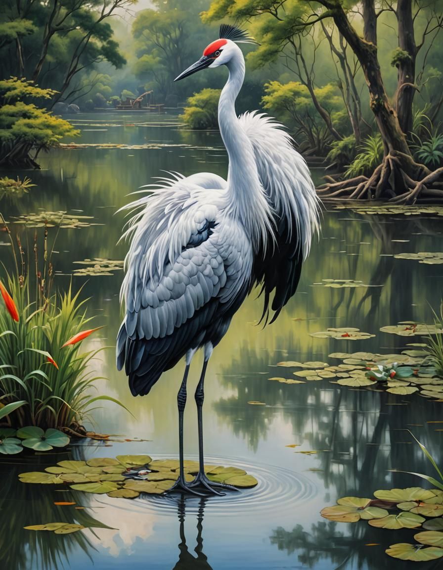 Majestic Crane Bird on Holy Lake: Fauvism Painting