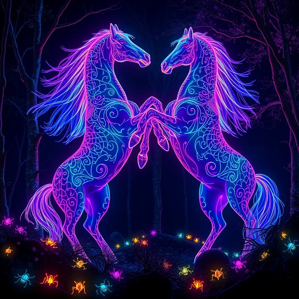 Fiber Optic Maori Horses in Bioluminescent Forest