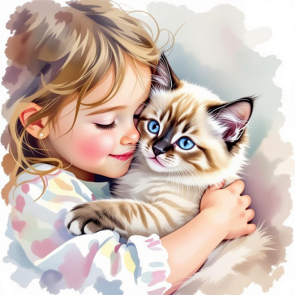 Girl and Siamese Kitten in Watercolor Style