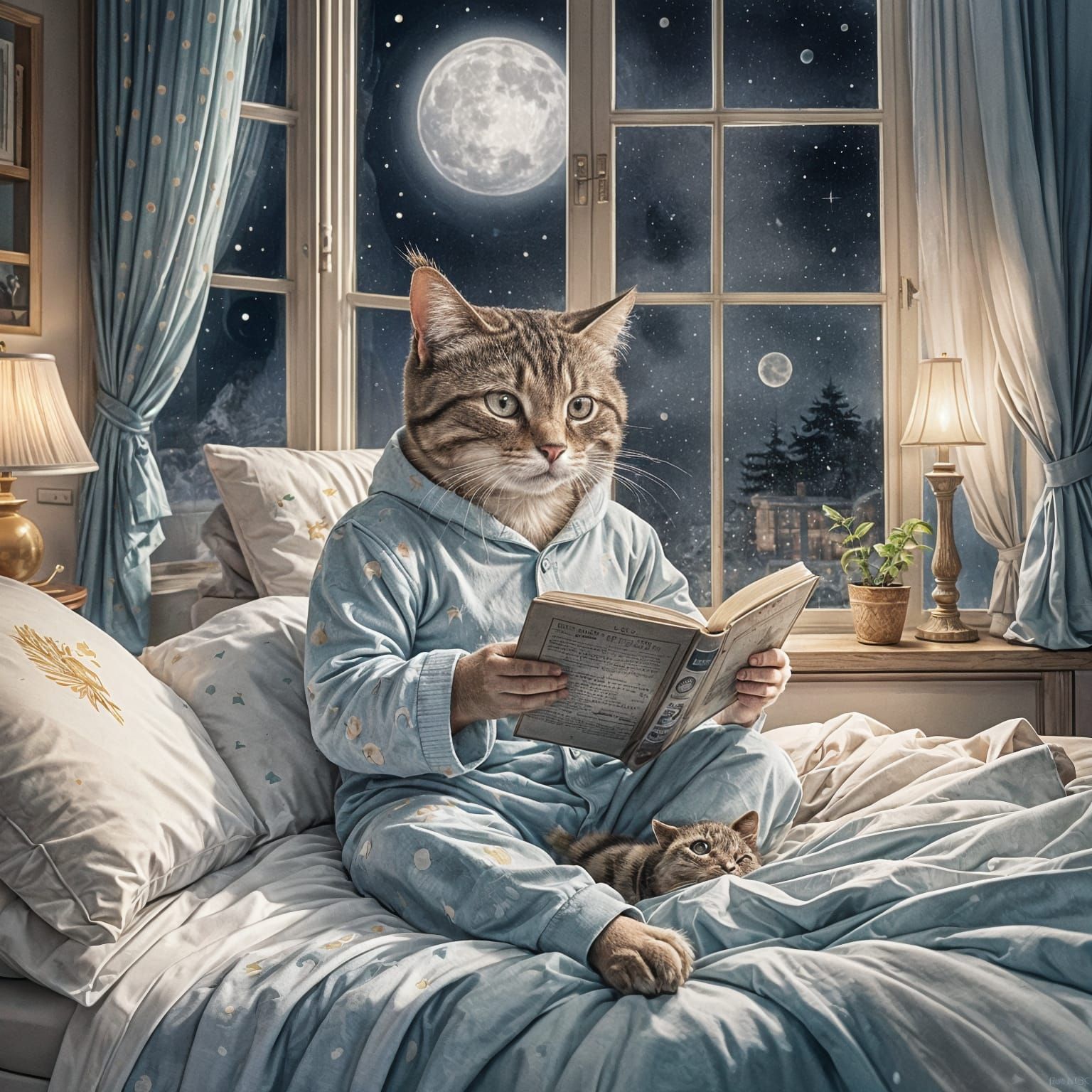 Cat in Pajamas Reading by Moonlight