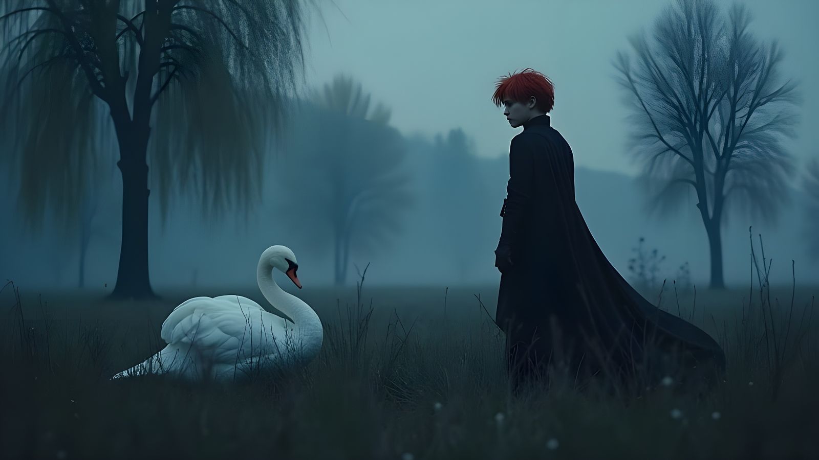 Melancholic Young Man and Swan in Twilight Landscape