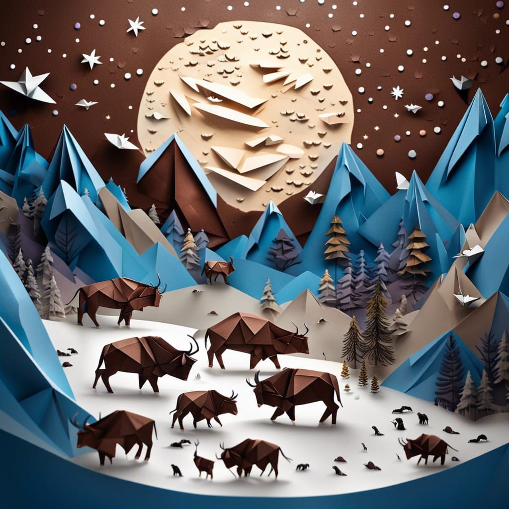 Origami - Prehistoric Bison Migration Under a Winter Moon