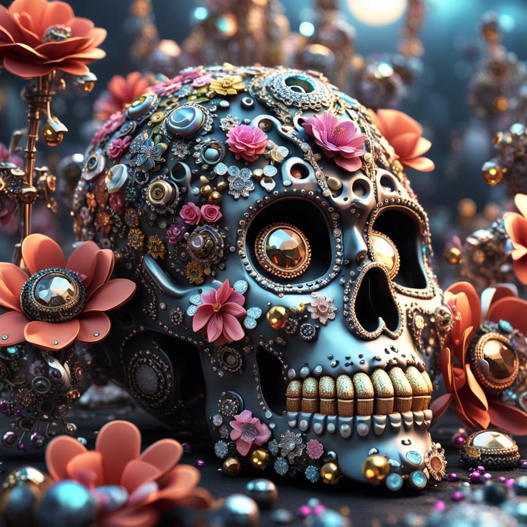 Ornate 3D Sugar Skull with Rhinestones and Flowers