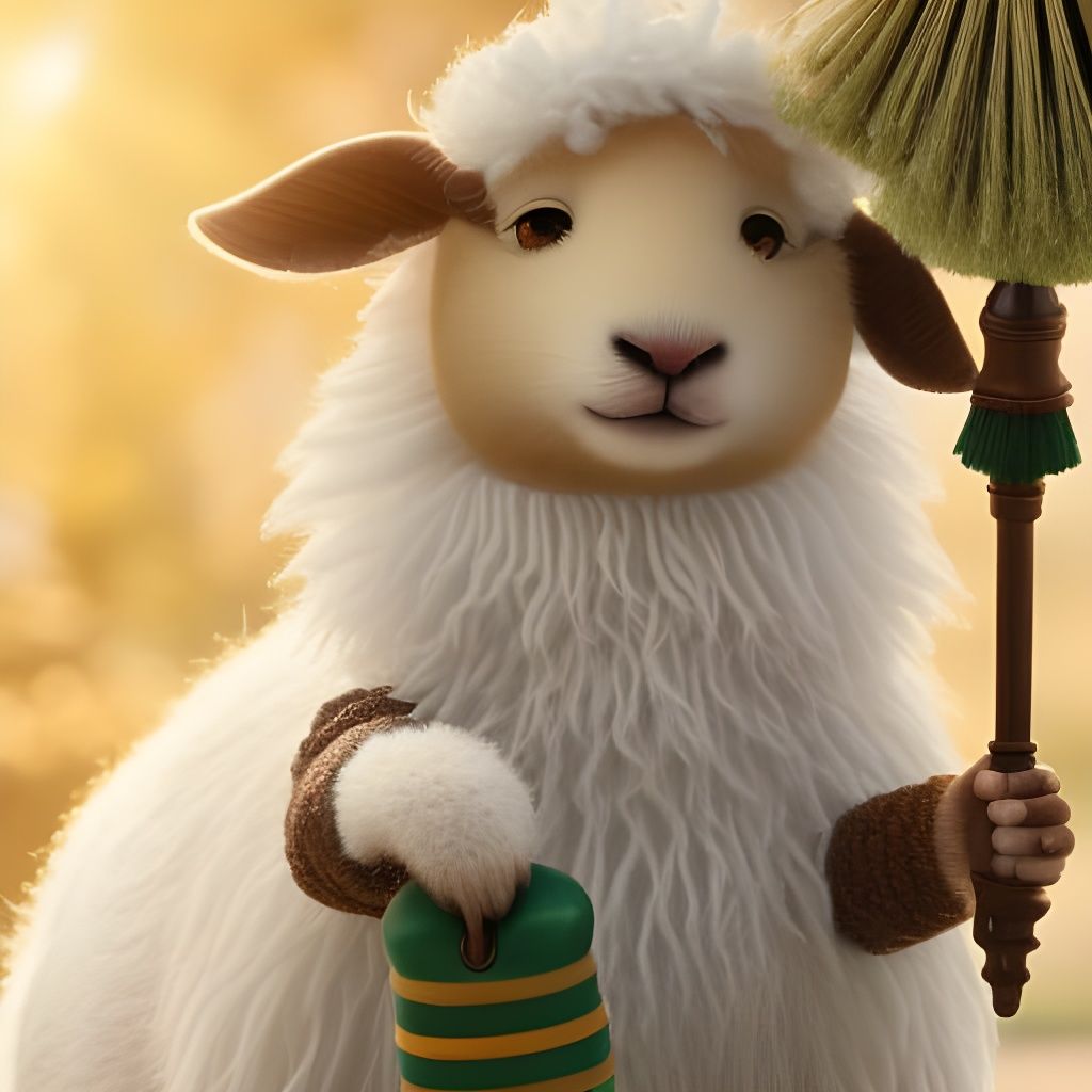 Adorable Sheep with Broom, Whimsical Concept Art