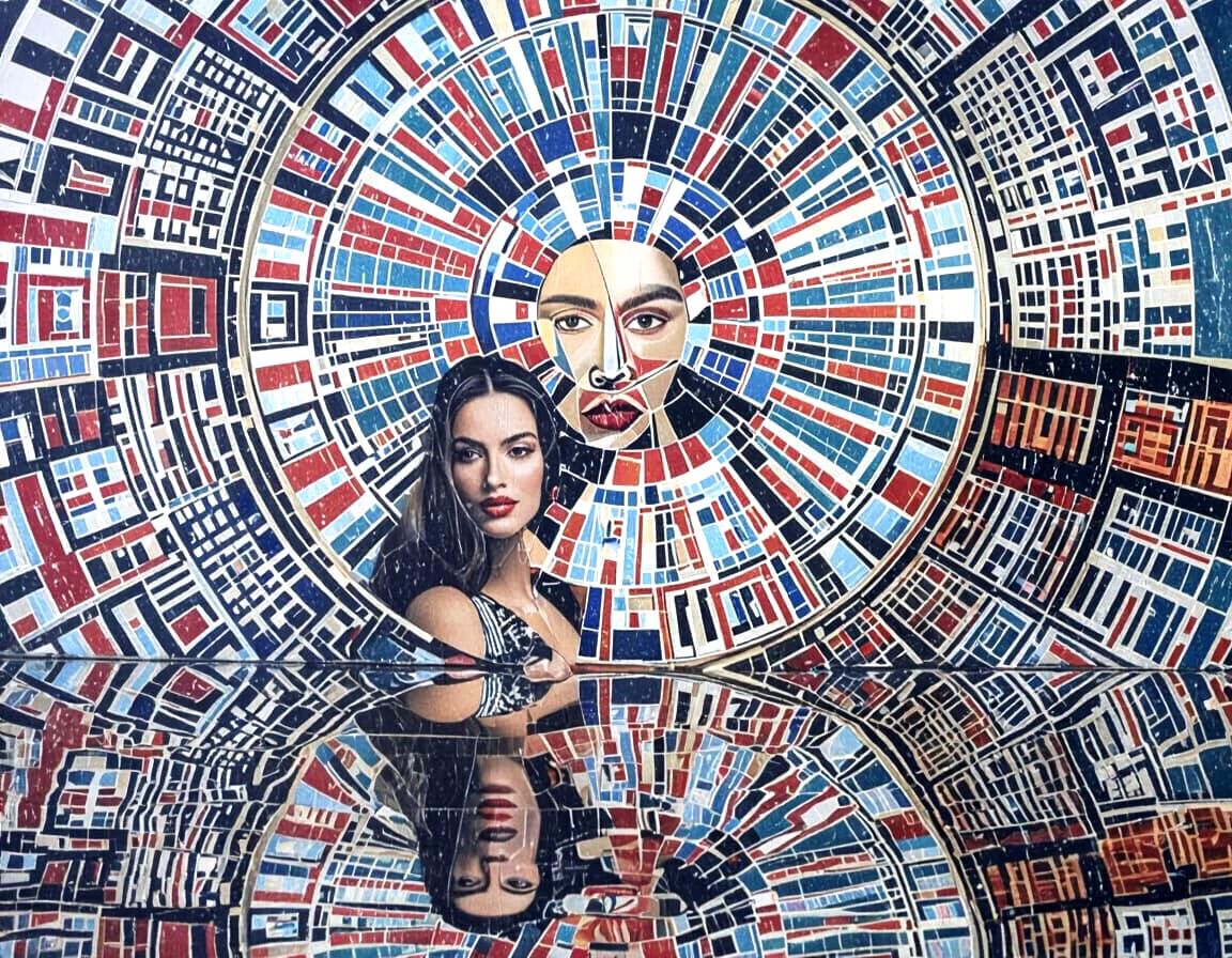 Reflective Figures in Vasarely-Inspired Fresco